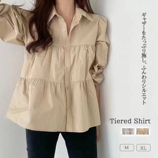 白ブラウス ティアード風ゆったりシャツ ふんわり袖の白ブラウス