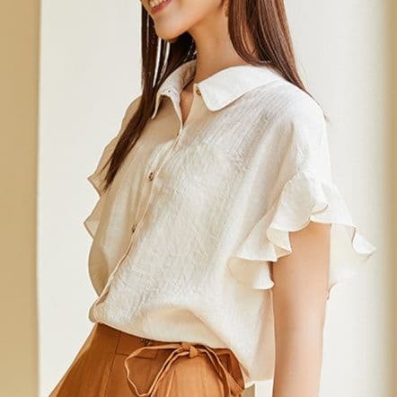 白ブラウス 優美な袖フリルラウンドカラーブラウス