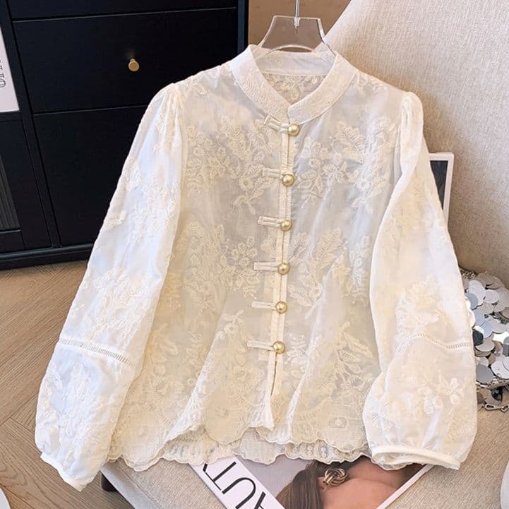 白ブラウス 花刺繍チャイナ風レースブラウス
