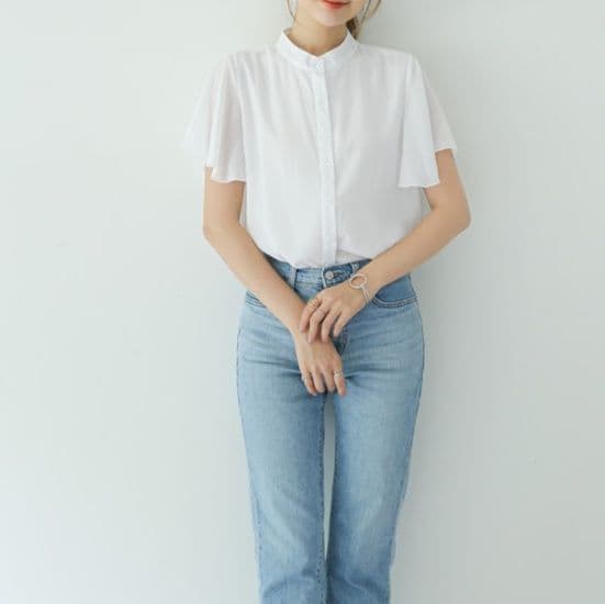 白ブラウス フリル袖シフォンスタンドカラーブラウス
