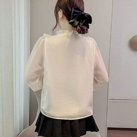 白ブラウス 優美フリル襟リボンブラウス