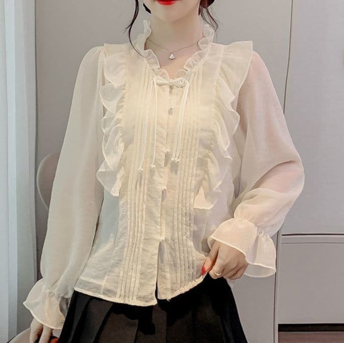 白ブラウス 優美フリル襟リボンブラウス