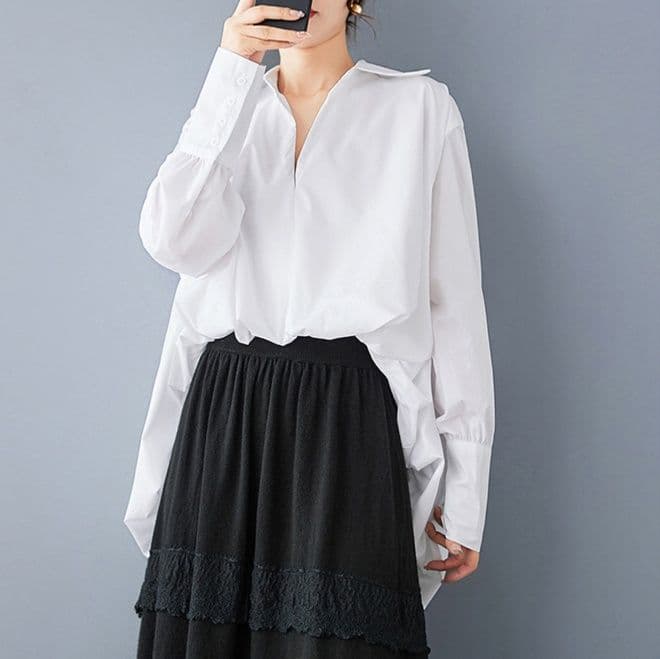 白ブラウス ゆったり袖口ボタン開襟ブラウス