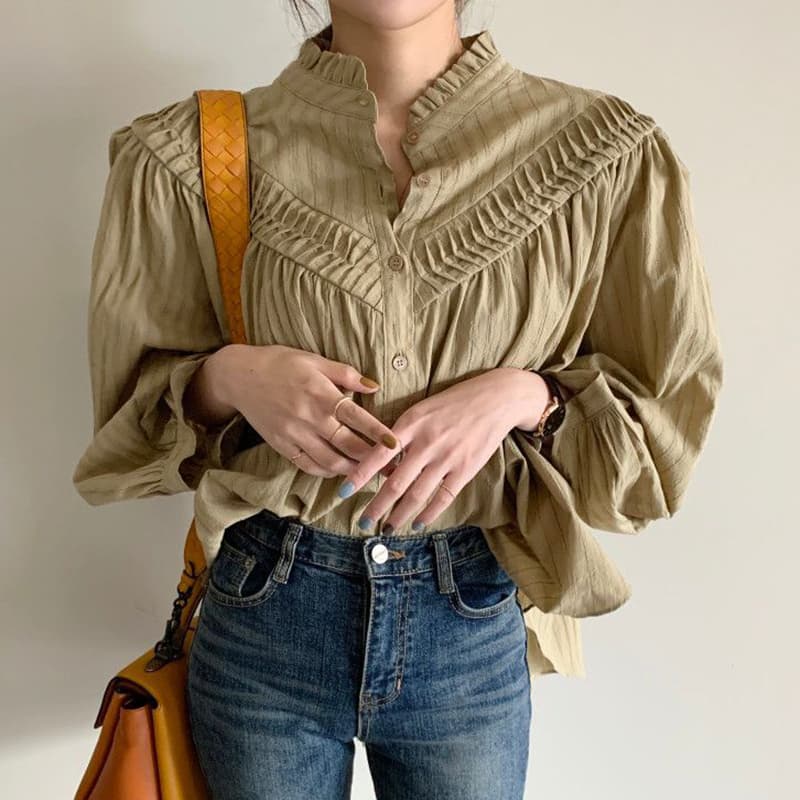 春夏新作パフスリーブ白ブラウスチュニック体型カバーおしゃれ