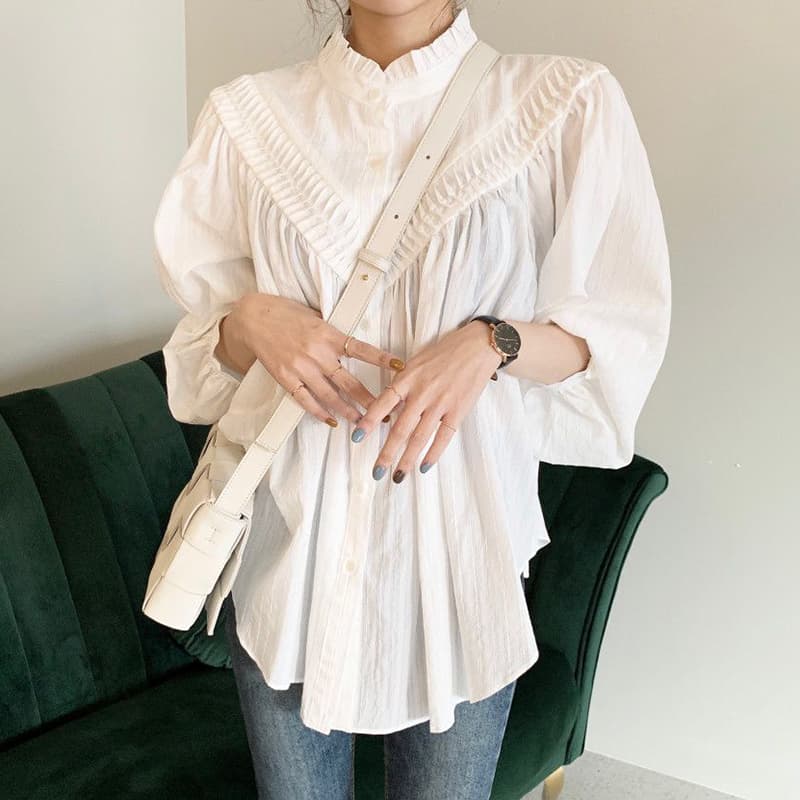 春夏新作パフスリーブ白ブラウスチュニック体型カバーおしゃれ