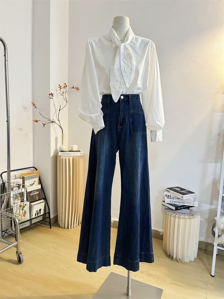 白ブラウス 花モチーフ刺繍リボン付きブラウス