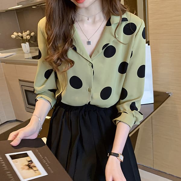 白ブラウス 大人ドット柄シフォンブラウス上品きれいめ長袖シャツ