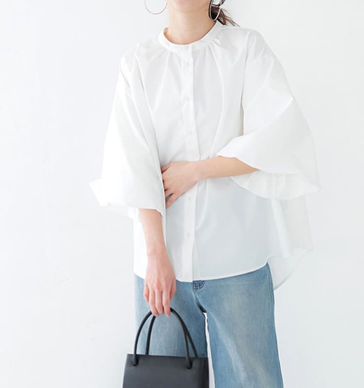 白ブラウス ふんわりボリューム袖シフォンバンドカラーブラウス