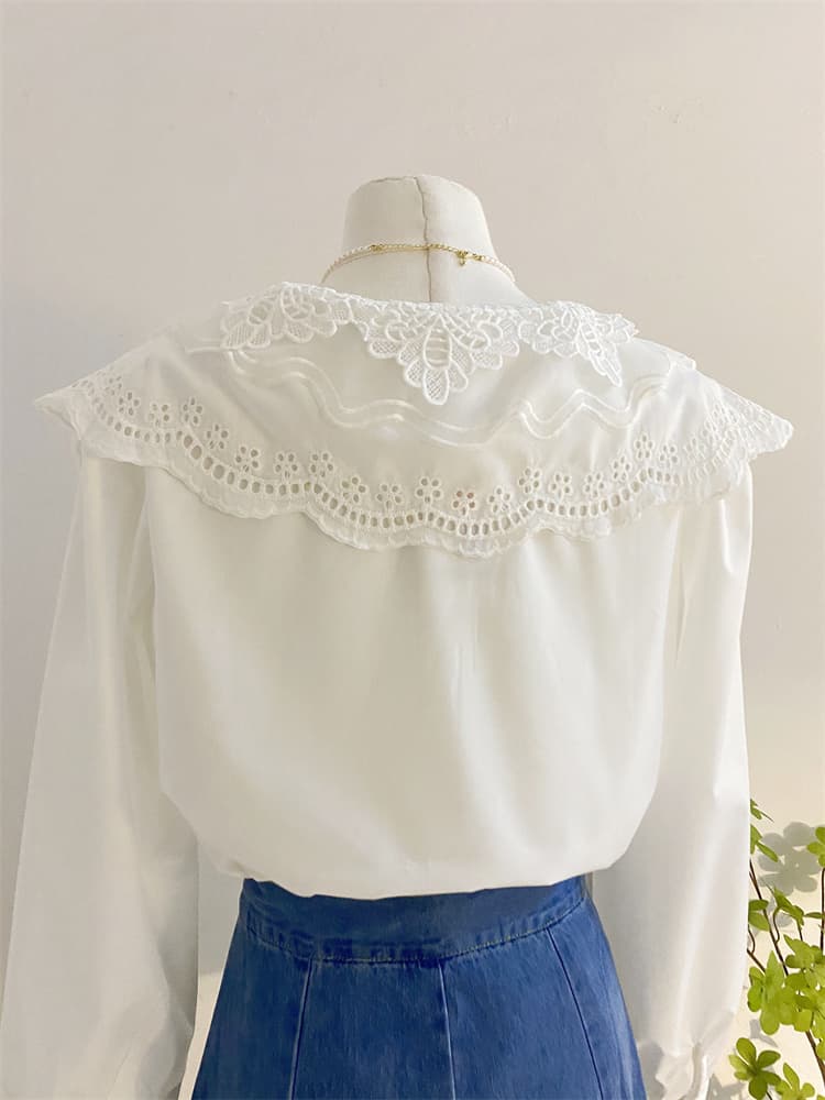 白ブラウス 花刺繍大きめ襟レースブラウス