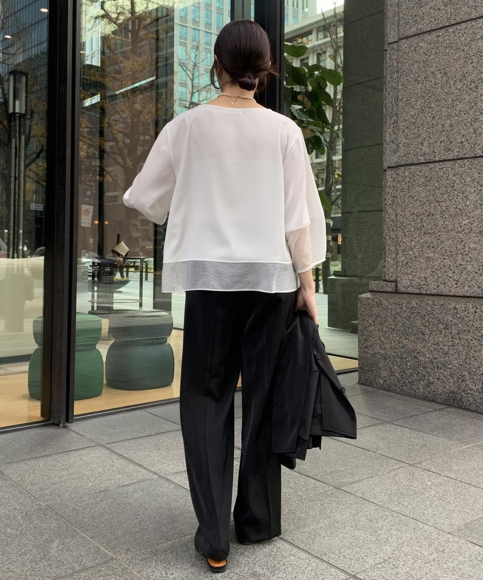 白ブラウス シフォン重ね着風半袖ブラウス裏地付き春夏薄手