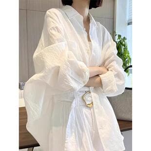 白ブラウス リネン風合いゆったりロングシャツ