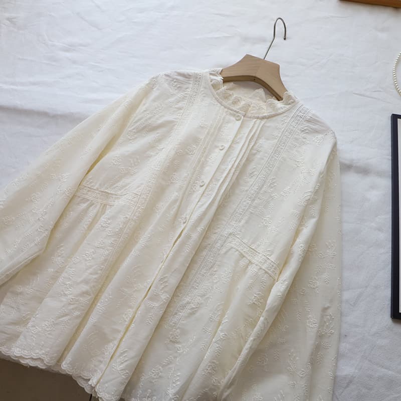 白ブラウス レース刺繍韓国風ブラウス長袖トップス2色