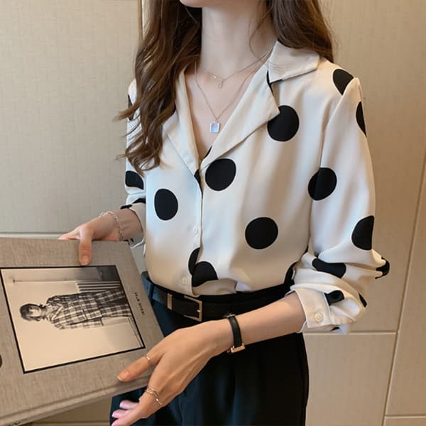 白ブラウス 大人ドット柄シフォンブラウス上品きれいめ長袖シャツ