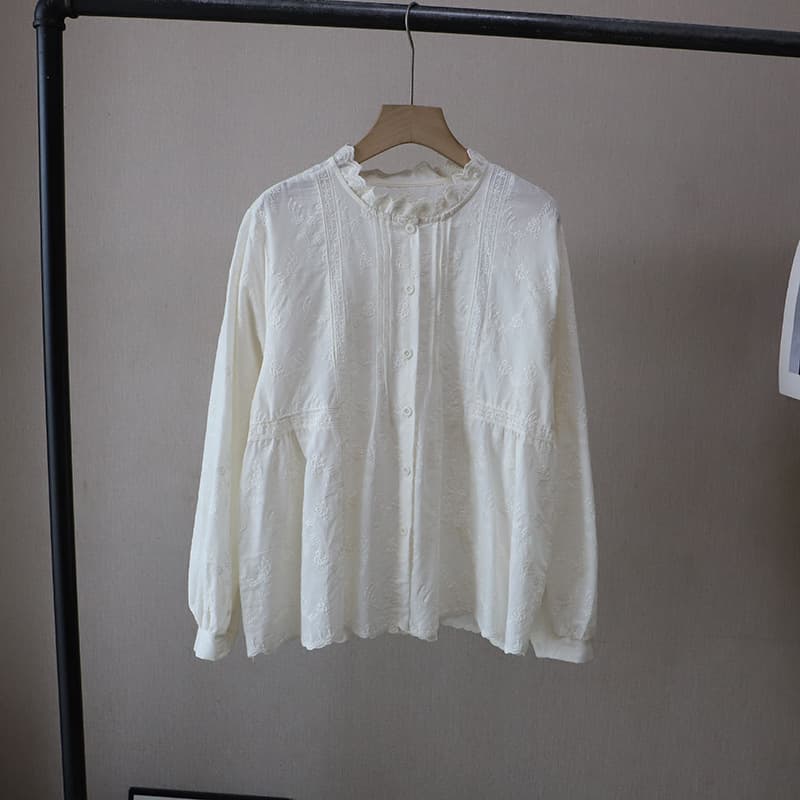 白ブラウス レース刺繍韓国風ブラウス長袖トップス2色