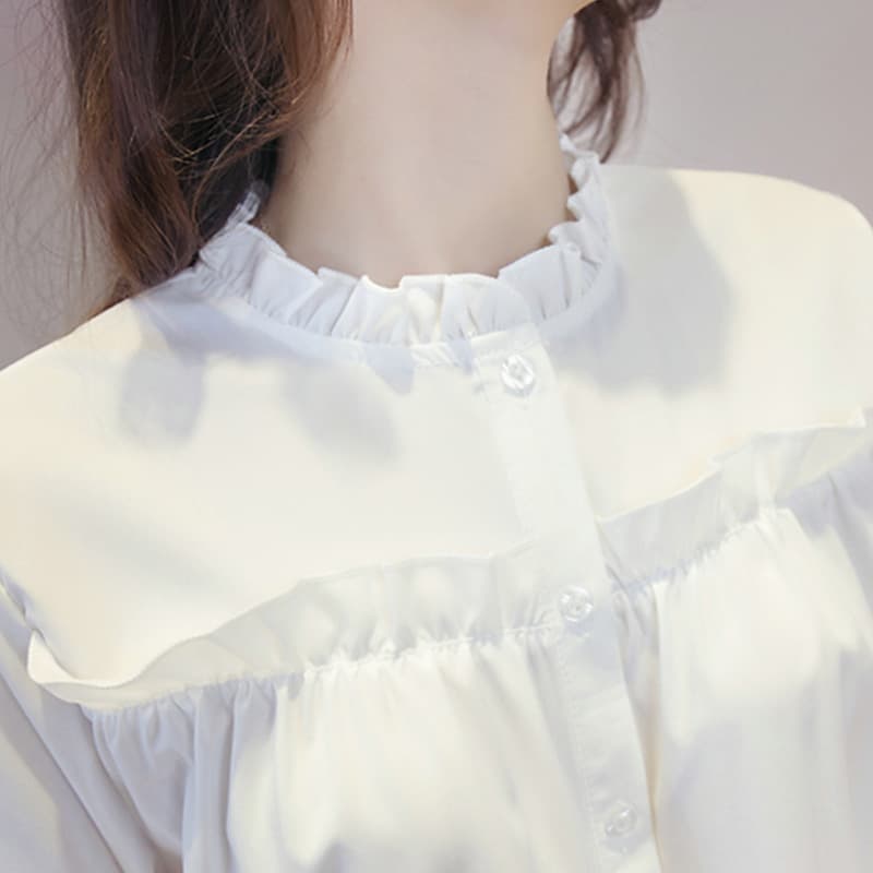 白ブラウス 立ち襟フリル優美ブラウス