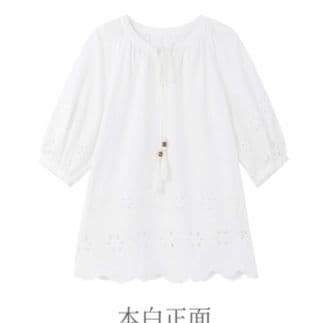 白ブラウス 花刺繍レース紐付きシフォントップス