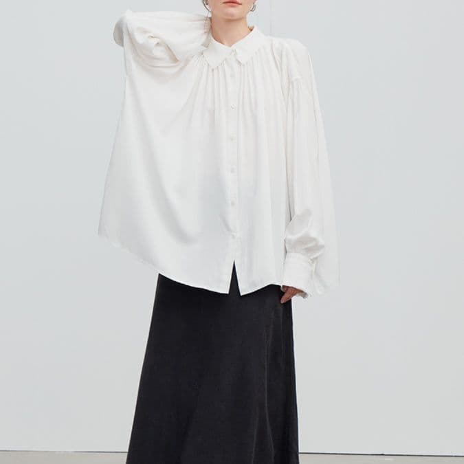 白ブラウス ふんわりギャザー シフォンブラウス