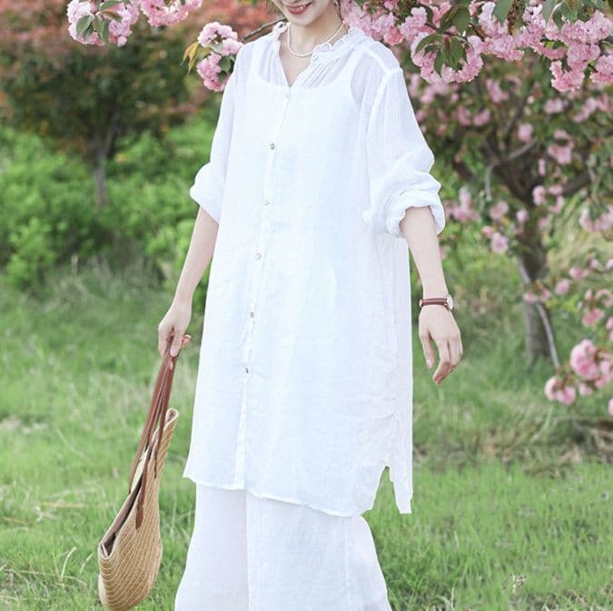 白ブラウス 優雅なフリルネックロングブラウス