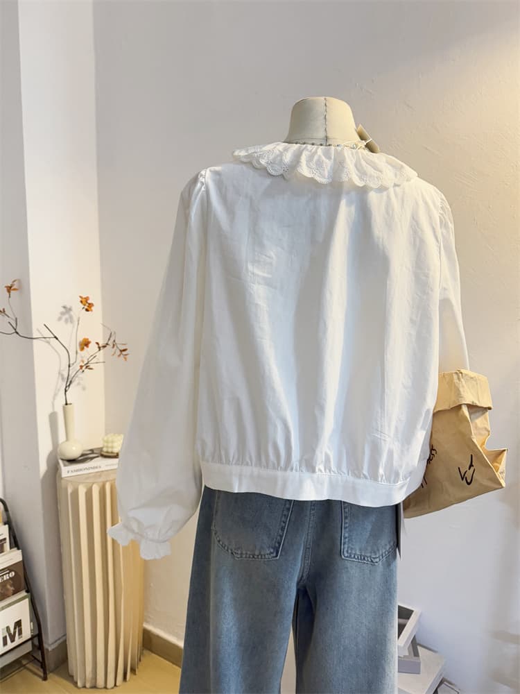 白ブラウス 花柄刺繍レース襟フリルブラウス