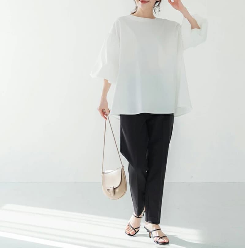 白ブラウス 後ろ結びリボン袖ふんわりチュニック