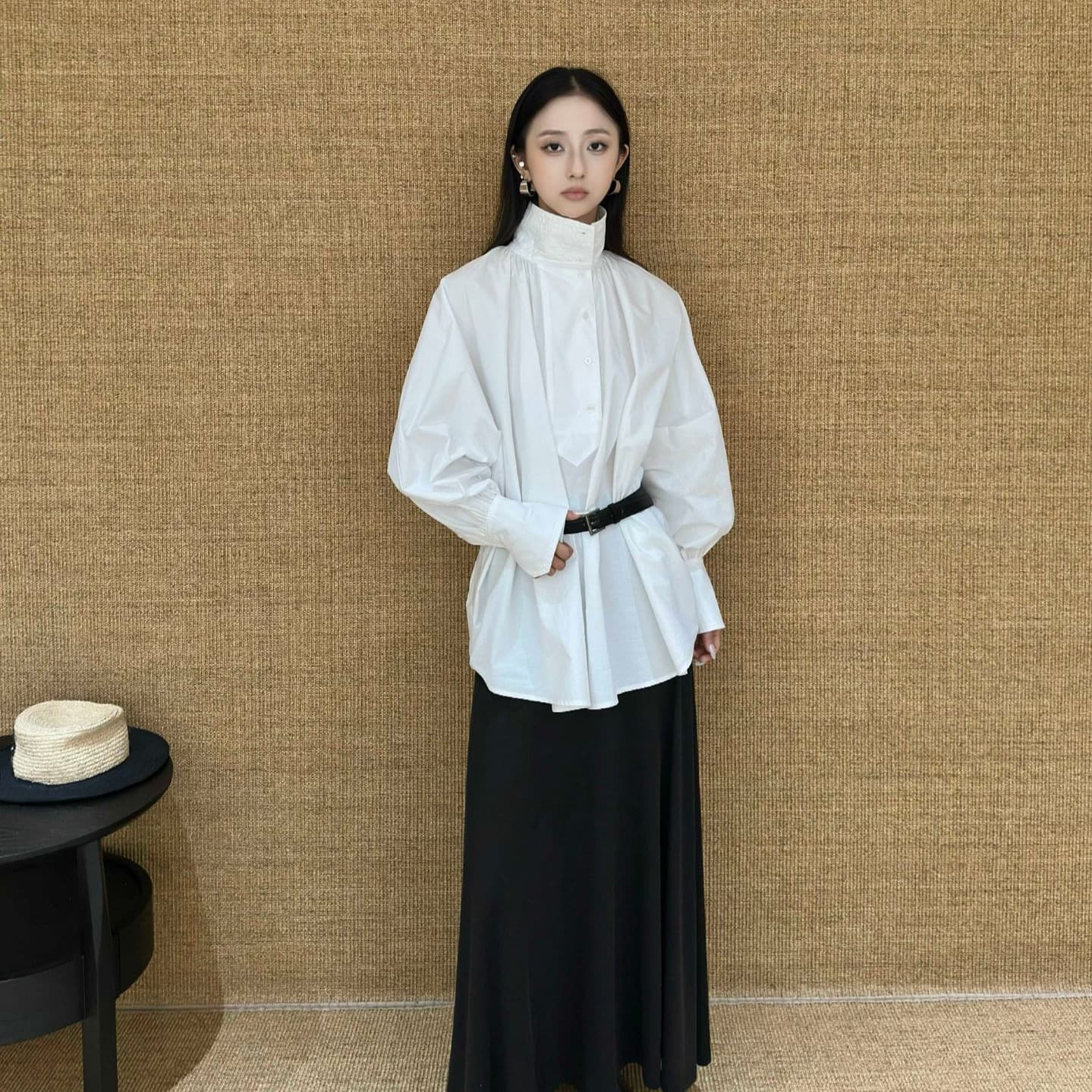 白ブラウス 襟元リボン付きゆったりシルエットチュニック