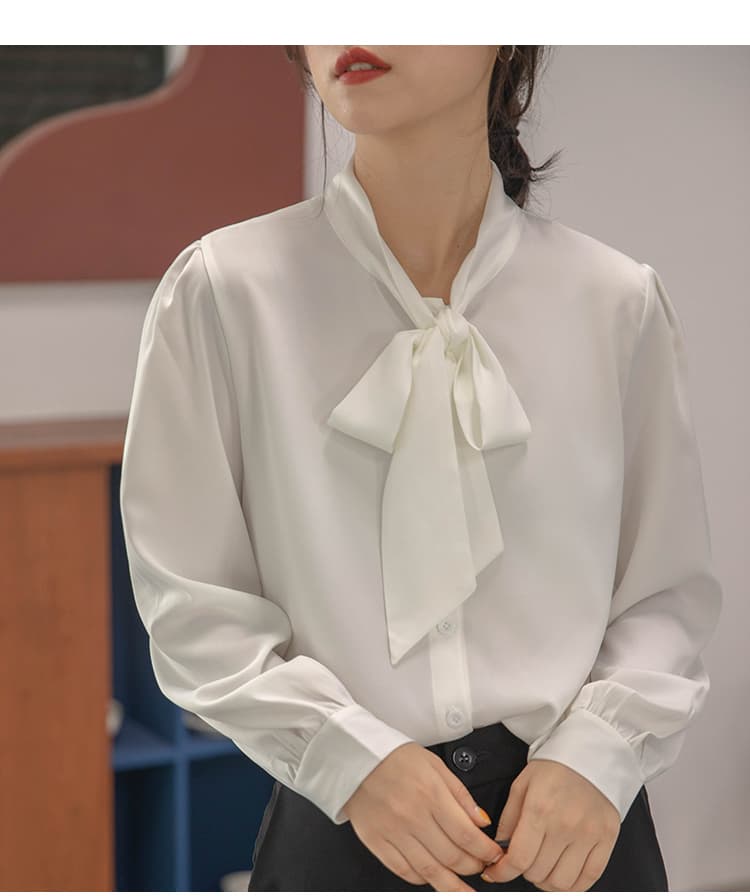 白ブラウス 優美なボウタイブラウス