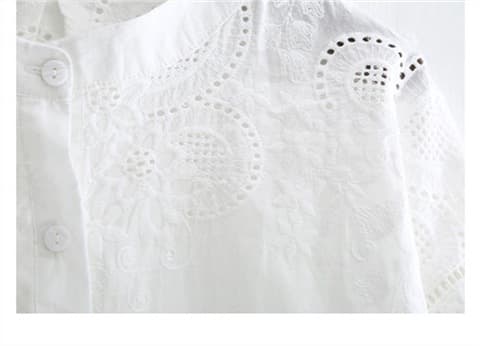 白ブラウス 刺繍レース五分袖バンドカラーシャツ
