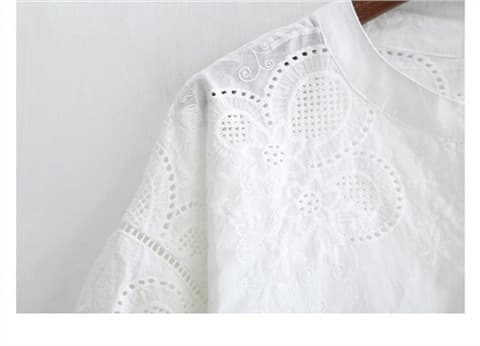 白ブラウス 刺繍レース五分袖バンドカラーシャツ