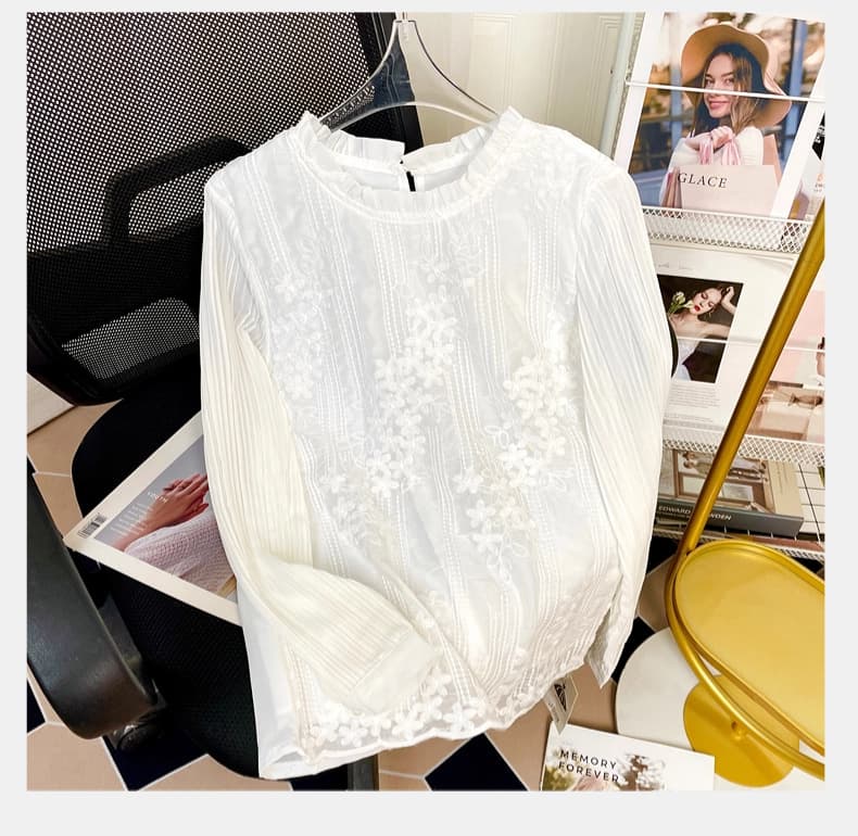 白ブラウス レース刺繍プリーツ袖ブラウス